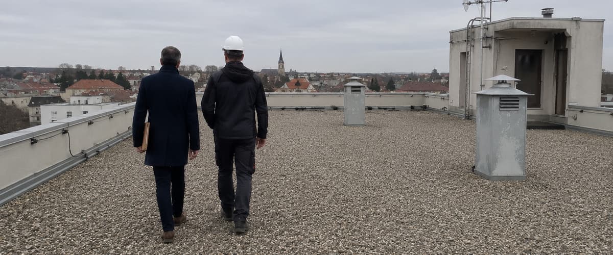Visite d'une toiture-terrasse d'immeuble collectif, gravier et souches de ventilation
