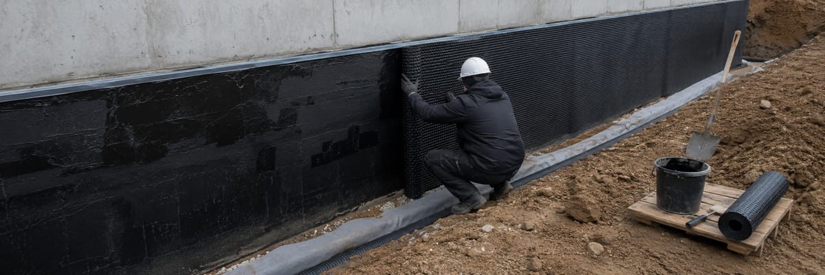Pose d'une nappe à excroissances sur un mur enterré enduit de bitume, drain et gravier en fond de fouille