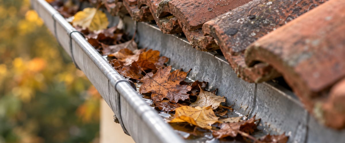 Gouttière en zinc encombrée de feuilles mortes au bas d'un toit en tuiles, à l'automne