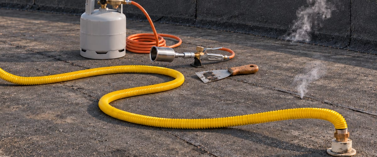 Recherche de fuite au fumigène sur une toiture-terrasse en bitume : la gaine jaune envoie la fumée sous la membrane, qui ressort aux points d'entrée d'eau