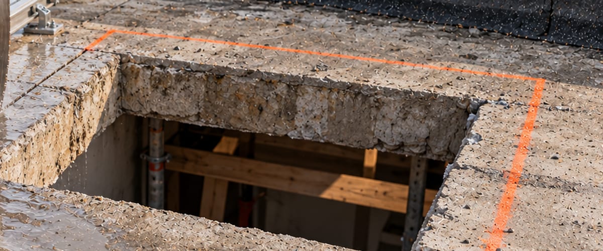Trémie sciée dans la dalle béton d'une toiture-terrasse, tracé orange de l'agrandissement, étais en sous-face